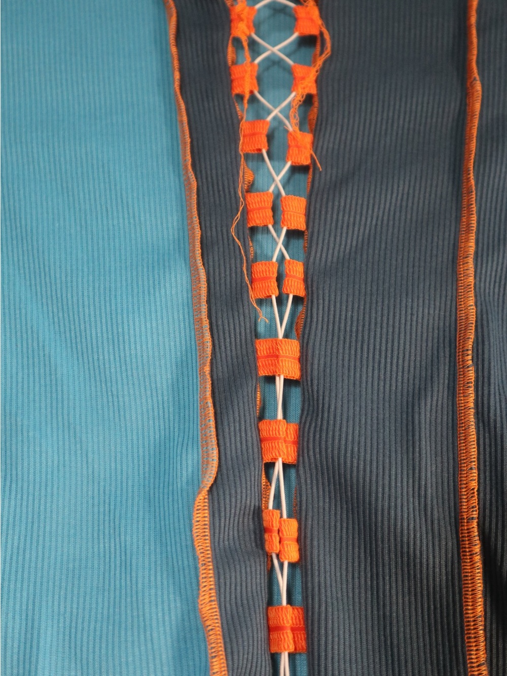 Patchwork Lace-Up Crop Top in Blue and Teal with Orange Trim - Picture 3 of 6